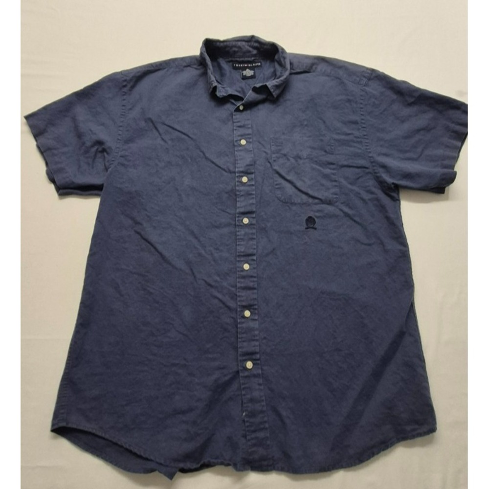 VTG Tommy Hilfiger mens blue button up short sleeve shirt 1XL linen/cotton blend